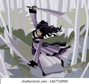 strong asian warrior female woman with two katana blades