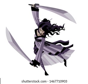 strong asian warrior female woman with two katana blades