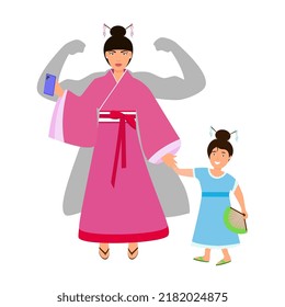 Strong asian woman mother superhero concept. Young beautiful woman in a traditional costume with a phone in her hands and a shadow of a cloak and strong hands.
