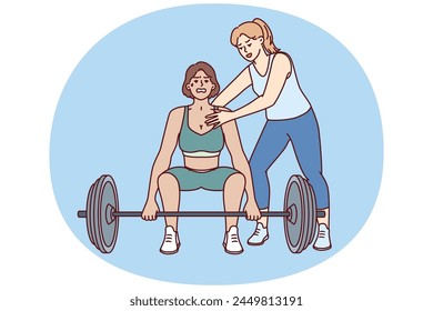 Strong athlete lifts heavy barbell under supervision of personal trainer from gym teaching ward before competition. Bodybuilding trainer supports sportswoman doing pulling exercise in fitness club