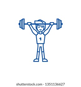 Strong athlete with weights  line icon concept. Strong athlete with weights  flat  vector symbol, sign, outline illustration.