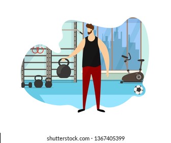 Strong Athletic Bearded Faceless Man Character Holding Dumbbell in Hand Practicing Exercise on Gym Background. Heavy Weight Sport. Healthy Lifestyle Activity. Cartoon Flat Vector Illustration, Icon.