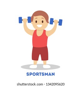 Strong Athletic Child With Dumbbell. Kid Sportsman. Strong Champion In Sport Uniform. Young Winner. Flat Vector Illustration