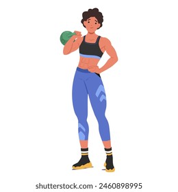 Strong Athletic Female Character Exercise With Weight, Showcasing Health, Strength, And Determination. Woman Boasts A Muscular Physique Sculpted Through Rigorous Training, Cartoon Vector Illustration