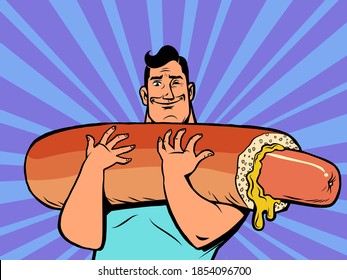 a strong athletic man lifts a huge hot dog, comics illustration drawing