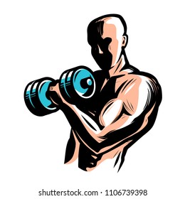 Strong athletic man raises heavy dumbbells with his hands. Gym, body-building concept. Vector illustration
