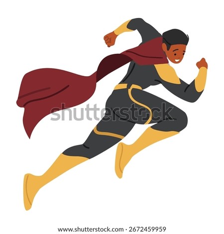 Strong athletic man superhero cartoon character wearing costume and red cloak mantle running fast with clenched fists showing muscles ready to fight vector illustration isolated on white background