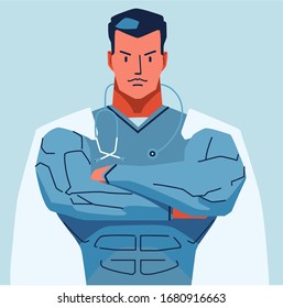 Strong athletic physician in white coat with stethoscope and arms crossed
