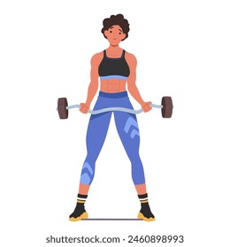 Strong, Athletic Woman Confidently Performs A Bicep Curl With Heavy Barbell. Female Character Focused And Determined To Maintain Her Fitness Routine in Gym. Cartoon People Vector Illustration