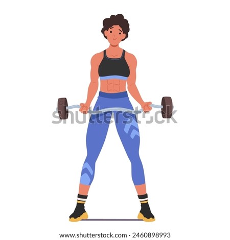 Strong, Athletic Woman Confidently Performs A Bicep Curl With Heavy Barbell. Female Character Focused And Determined To Maintain Her Fitness Routine in Gym. Cartoon People Vector Illustration