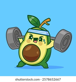 A strong avocado character lifting a barbell with a determined expression