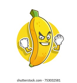 Strong banana mascot. Vector banana character