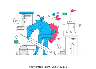 Strong bank guard vector illustration. Man protector with sword and armor flat style. Finance storage deposit and money savings concept. Isolated on white background