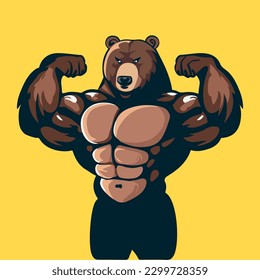 Strong bear animal showing his muscles, tidy mascot logo, different shapes, character designs set, angry huge grizzly bear with athletic body, flat character vector illustration