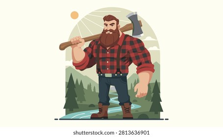 Strong bearded lumberjack wearing a red plaid shirt holds a large woodcutting axe on his shoulder in a scenic forest.