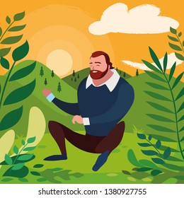 strong and bearded man seated in the field