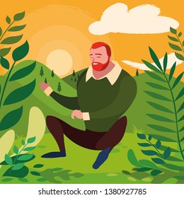 strong and bearded man seated in the field