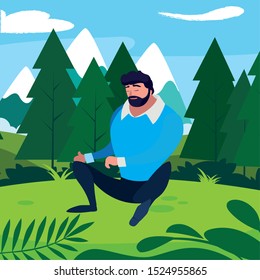 strong and bearded man seated in the field vector illustration design
