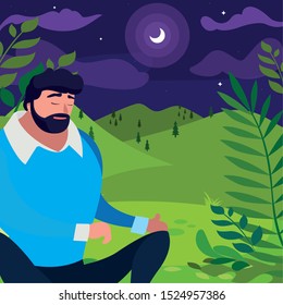 strong and bearded man seated in the field at night vector illustration design