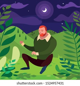 strong and bearded man seated in the field at night vector illustration design