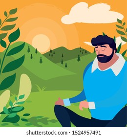 strong and bearded man seated in the field vector illustration design