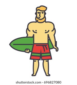 Strong bearded man with surfing board, surfer concept. Line vector icon. Editable stroke. Flat linear illustration isolated on white background