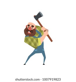 Strong bearded woodcutter working with axe. Funny bald lumberjack. Cartoon man character in green checkered shirt and blue coveralls. Colorful flat vector design