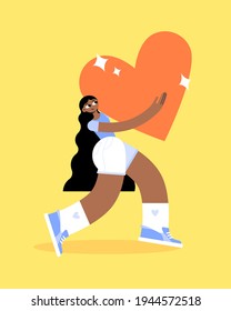 A strong, beautiful black woman in sneakers and shorts carries a big heart in her arms. Take care and love yourself. Stylish trendy look. Flat bright vector illustration.