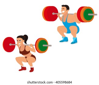 Strong beautiful man and woman engaged in weightlifting. vector