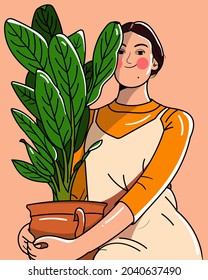 A strong and beautiful woman is holding a plant pot and smiling. green leaves, yellow dress.