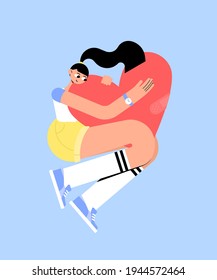 A strong, beautiful woman in a T-shirt, sneakers and shorts hugs a big heart with her hands. Take care and love yourself. Stylish trendy look. Flat bright vector illustration.