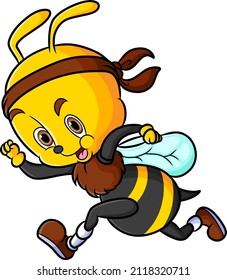 The strong bee is doing the marathon and run very fast of illustration