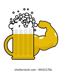 Strong beer. Mug with big muscles. Powerful alcohol. Hands bodybuilding
