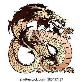 Strong beige (with brown) earth Asian dragon on white background