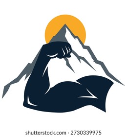 Fuerte bíceps que se flexiona frente al pico de la montaña y el concepto de logotipo del sol para el entrenamiento físico y de fuerza