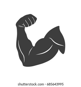 Strong Biceps Icon In Black Style. Bodybuilder Muscle Flex Arm Symbol. Sport, Fitness, Workout, Gym Club Logo Design. Also Can Use For Web Or Mobile App. Vector Illustration