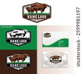 Strong big beef master standing logo. Superior beef logo design vector. Silhouette of great cow grazing vector illustrations