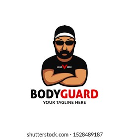 strong big bodyguard logo mascot character folding hand wears cap black shade sunglasses and tshirt with intimidating pose expression illustration