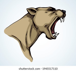 Strong big furious mad pride cruel crazy killer hunter fleer white text space. Line black hand drawn zoo beast smirk logo pictogram emblem design in retro engrave art doodle print style. Close up view