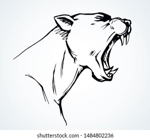 Strong big furious pride cruel crazy killer hunter fleer white text space. Line black ink hand drawn zoo beast smirk logo pictogram emblem design in retro engrave art doodle print style. Closeup view