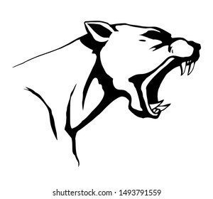 Strong big furious pride cruel crazy killer hunter fleer white text space. Line black ink hand drawn zoo beast smirk logo pictogram emblem design in retro engrave art doodle print style. Closeup view