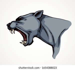 Strong big furious pride cruel crazy killer hunter fleer white text space. Dark black color hand drawn zoo life beast smirk logo pictogram emblem design. Retro art doodle print style. Close up view