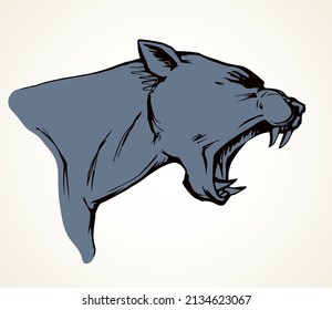 Strong big furious pride cruel crazy killer hunter fleer white text space. Line black ink hand drawn zoo beast smirk logo pictogram emblem design in retro engrave art doodle print style. Close up view