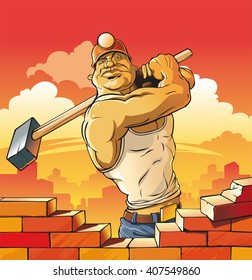 Strong big worker in helmet and with hammer in hands destroy brick wall.