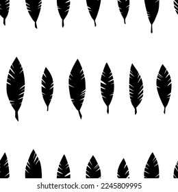 Strong birds feathers. Vertical set pattern. Monochrome feather stamps print