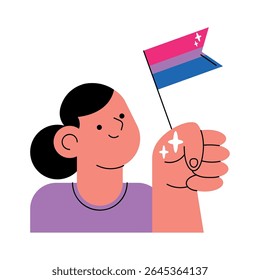 Strong bisexual woman raising her pride flag high