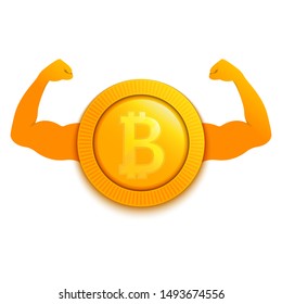 Strong bitcoin cryptocurrency showing big muscles. Inflating the coin on the stock market. Increase of the value of the digital gold. Blockchain and mining sign.Vector cartoon illustration.