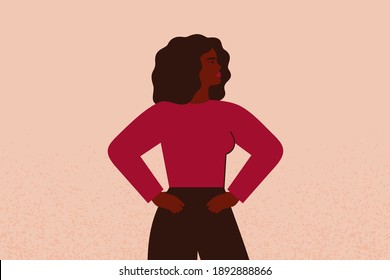 Strong black female with hands on her hips looks forward. Confident African American Businesswoman or entrepreneur supports the feminism movement. Vector illustration