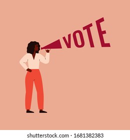 Strong black girl speaks into a megaphone. Woman activist is calling for votes. Voting, Election and suffrage women concept. Vector illustration