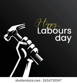 A strong black silhouette of a hand holding a hammer up high, with a red band floating near the wrist. This design represents hard work, strength, and pride in labor. The hammer has a slightly curved 